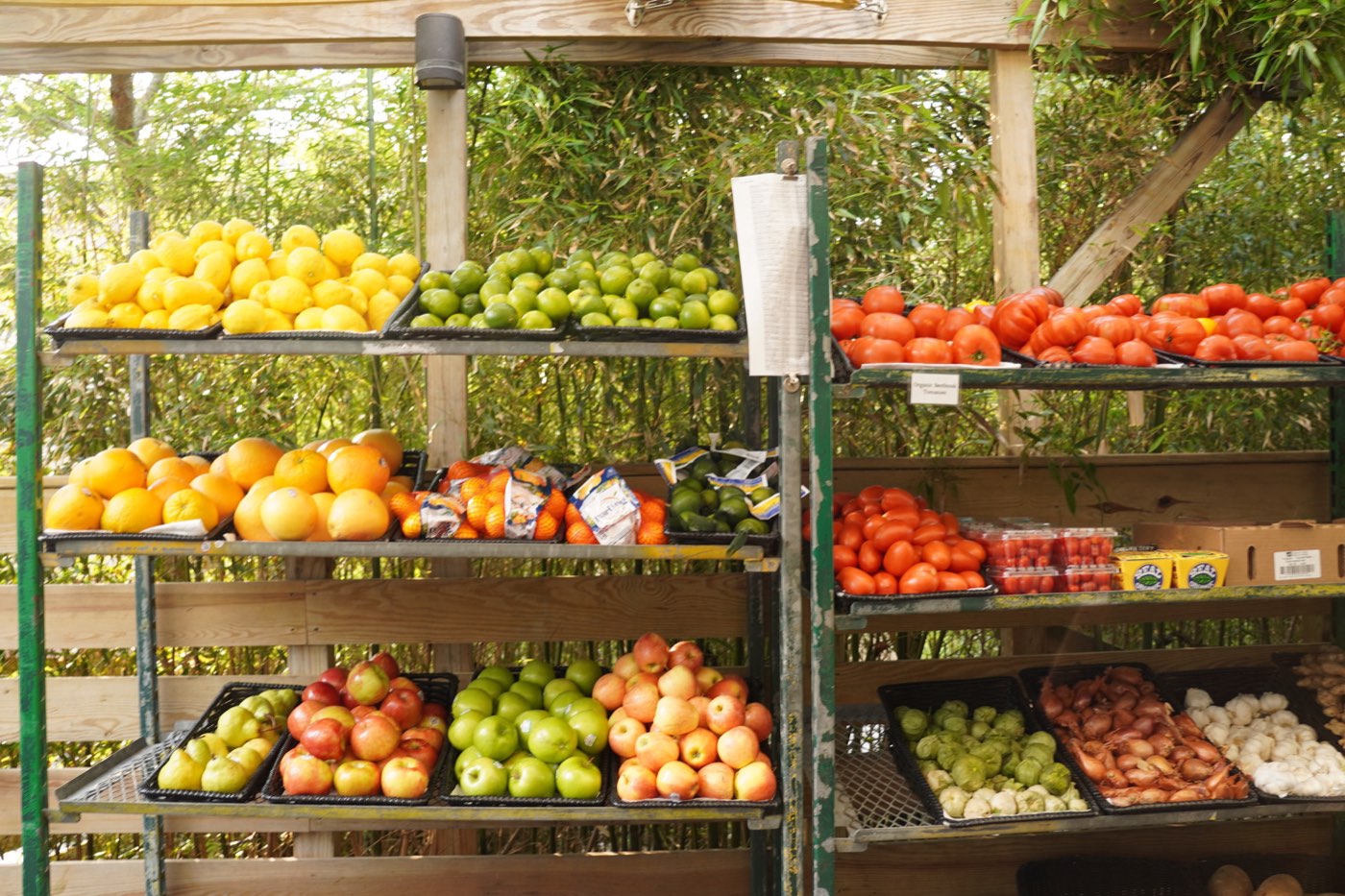 Fresh produce display at Pines Pantry — lemons, limes, oranges, tomatoes and apples.